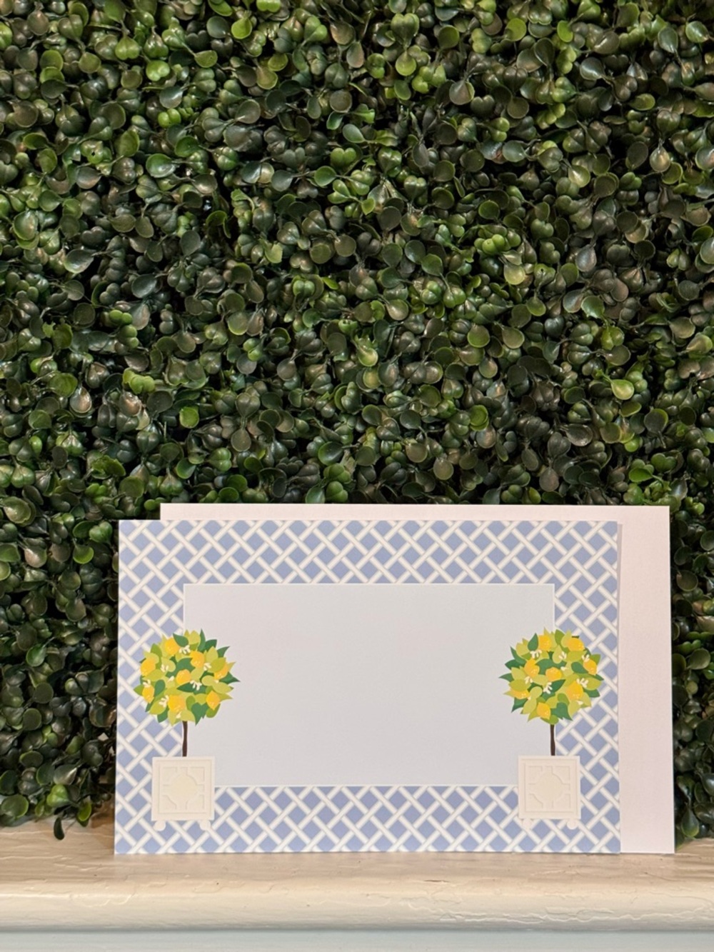 Blue Lattice Note Card/Printable Invitation with Lemon Topiary Design - Picture 2 of 4